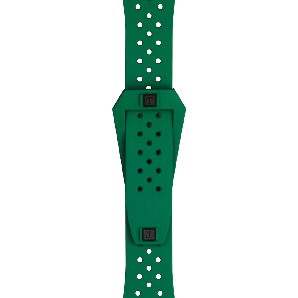 The Tissot Official Green Sideral Rubber Strap, a perforated smartwatch band featuring a black buckle and rectangular center accent, is displayed vertically against a white background.