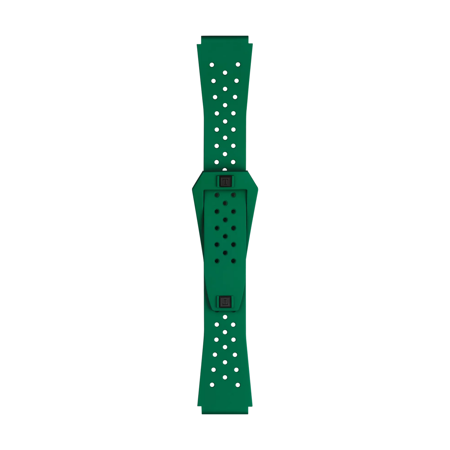 A Tissot Official Green Sideral Rubber Strap, featuring a perforated design with a rectangular central section and two adjustable straps, is displayed flat on a white background.