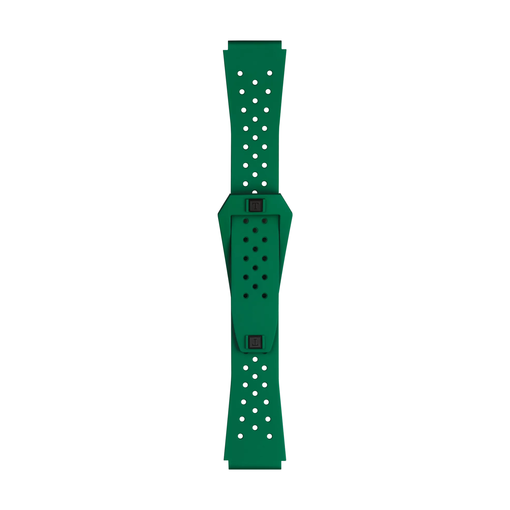 A Tissot Official Green Sideral Rubber Strap, featuring a perforated design with a rectangular central section and two adjustable straps, is displayed flat on a white background.