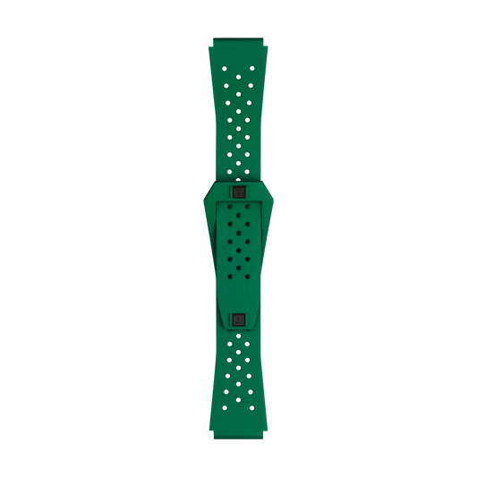 A Tissot Official Green Sideral Rubber Strap, featuring a perforated design with a rectangular central section and two adjustable straps, is displayed flat on a white background.