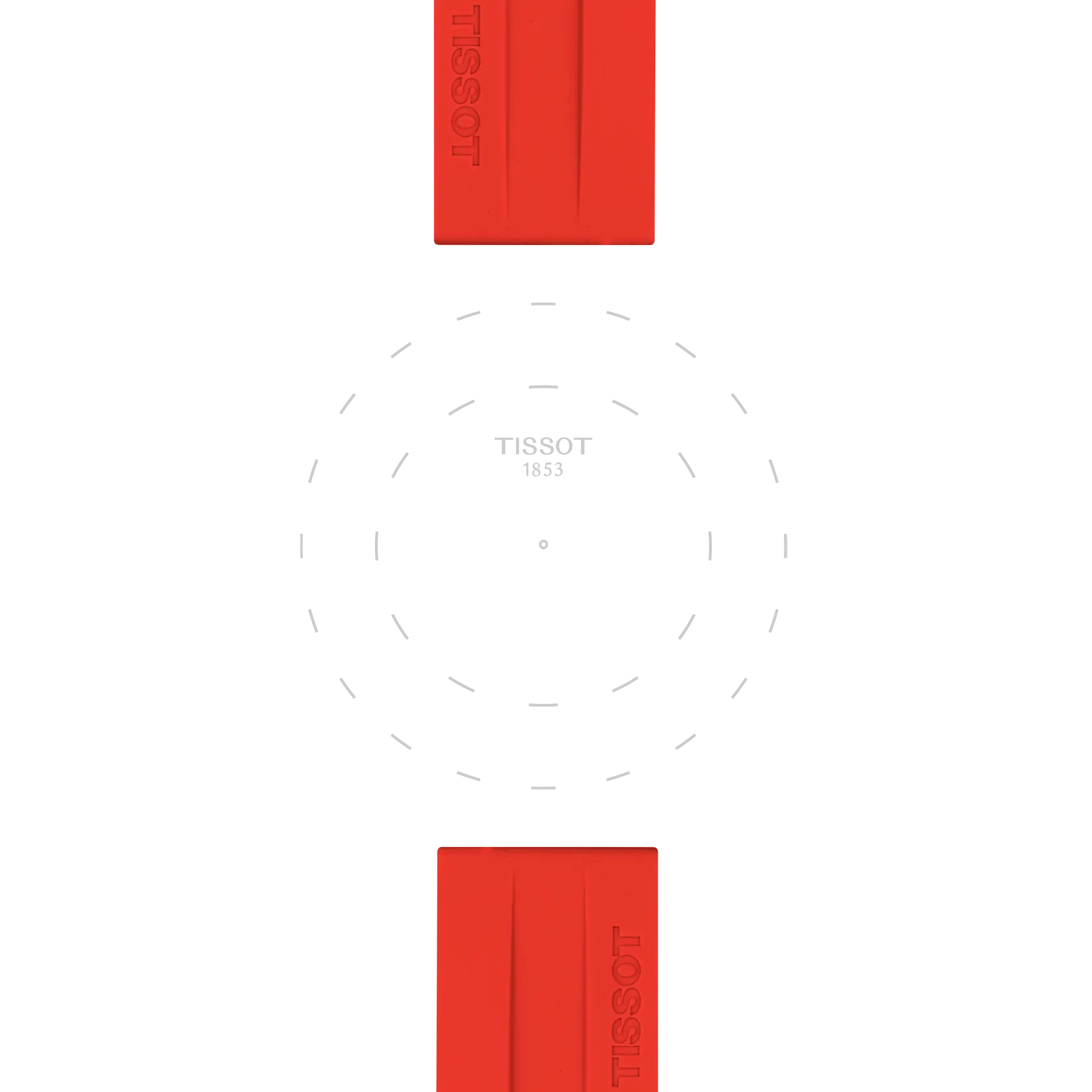 The Tissot Official Red Silicone Strap Lugs 22 mm features a minimalist design with two red rectangular shapes labeled "TISSOT" at the top and bottom, complemented by a faint circular dashed outline with "TISSOT 1853" text at the center, set against a white background.