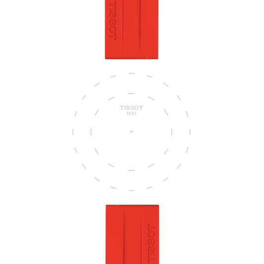 The Tissot Official Red Silicone Strap Lugs 22 mm features a minimalist design with two red rectangular shapes labeled "TISSOT" at the top and bottom, complemented by a faint circular dashed outline with "TISSOT 1853" text at the center, set against a white background.