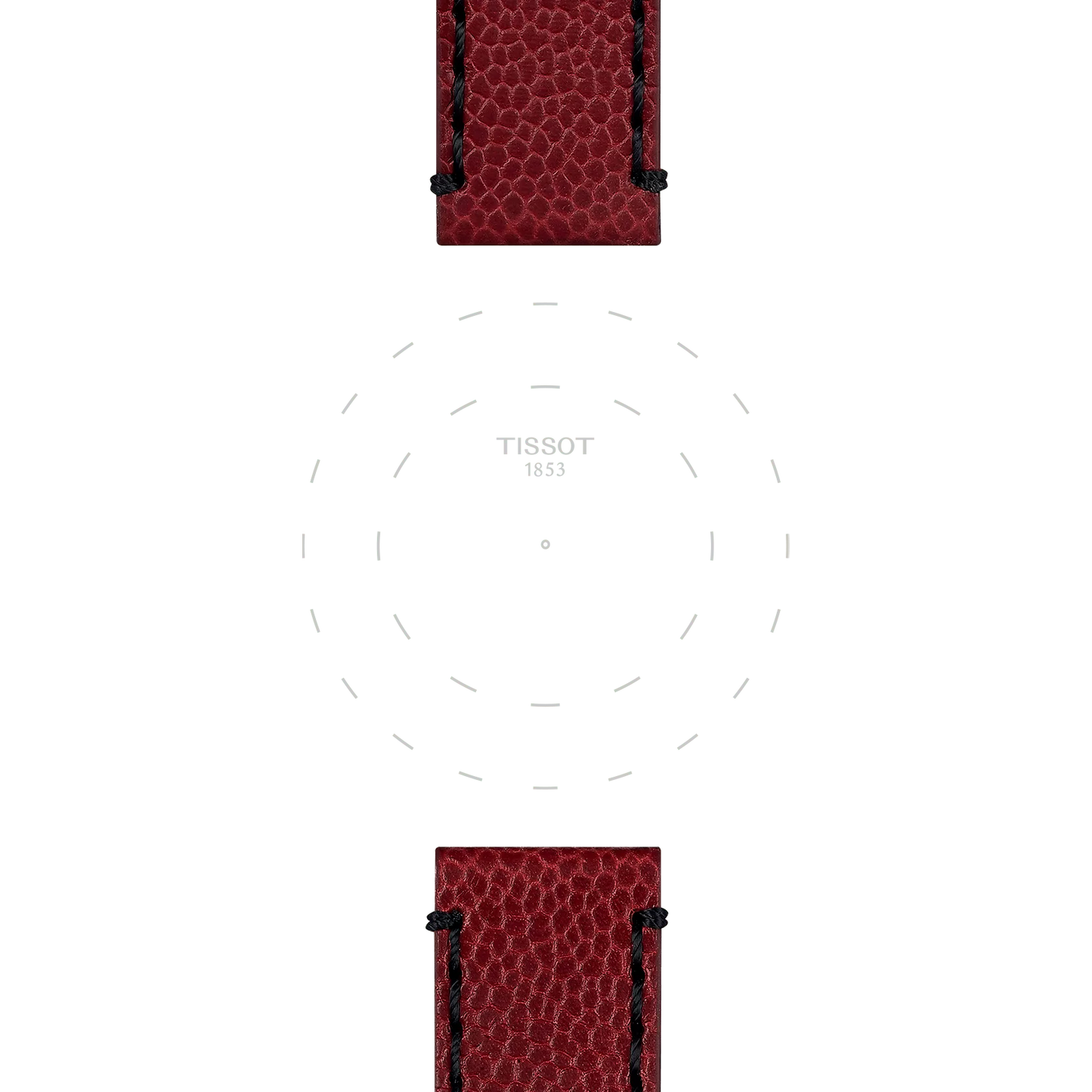 Top and bottom sections of the Tissot Official Burgundy Leather Strap Lugs 22mm, crafted in textured red leather with black stitching, frame a subtle circular pattern and the "TISSOT 1853" branding at the center on a white background.