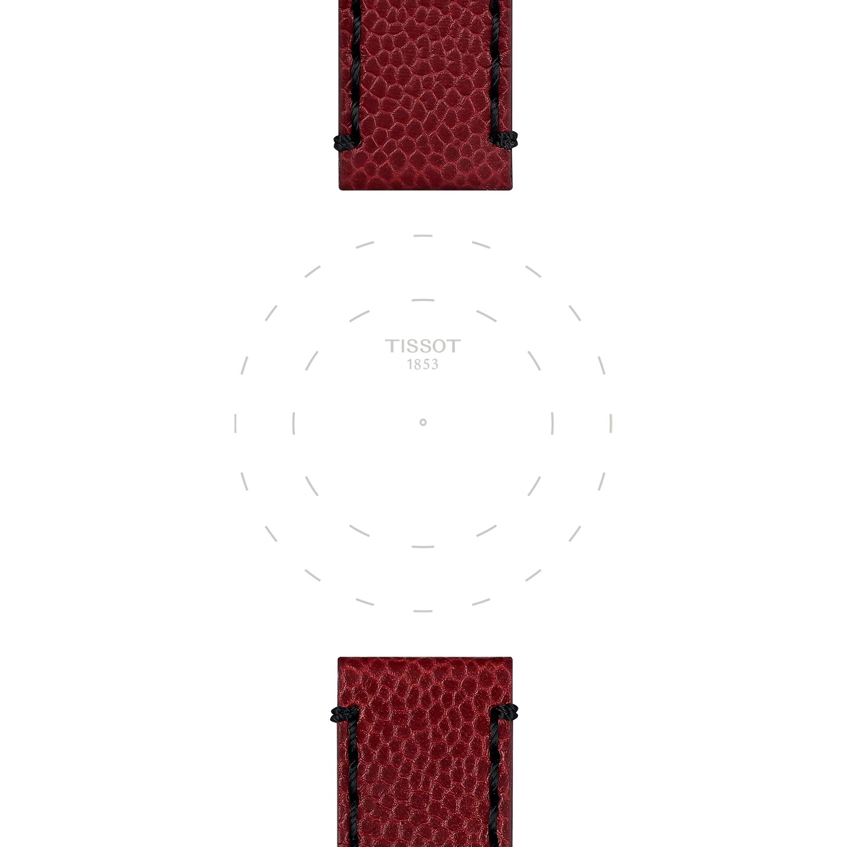 Top and bottom sections of the Tissot Official Burgundy Leather Strap Lugs 22mm, crafted in textured red leather with black stitching, frame a subtle circular pattern and the "TISSOT 1853" branding at the center on a white background.