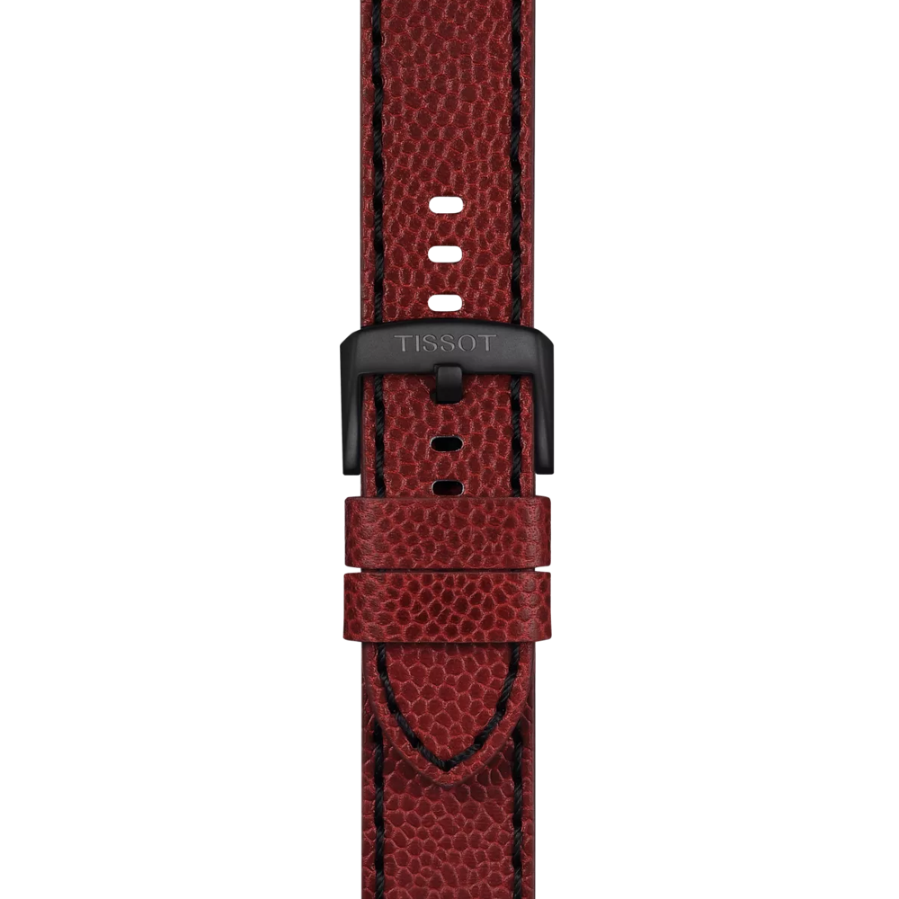 A close-up of the Tissot Official Burgundy Leather Strap (Lugs 22mm), featuring textured burgundy leather and a black metal buckle engraved with "TISSOT," set against a plain white background.