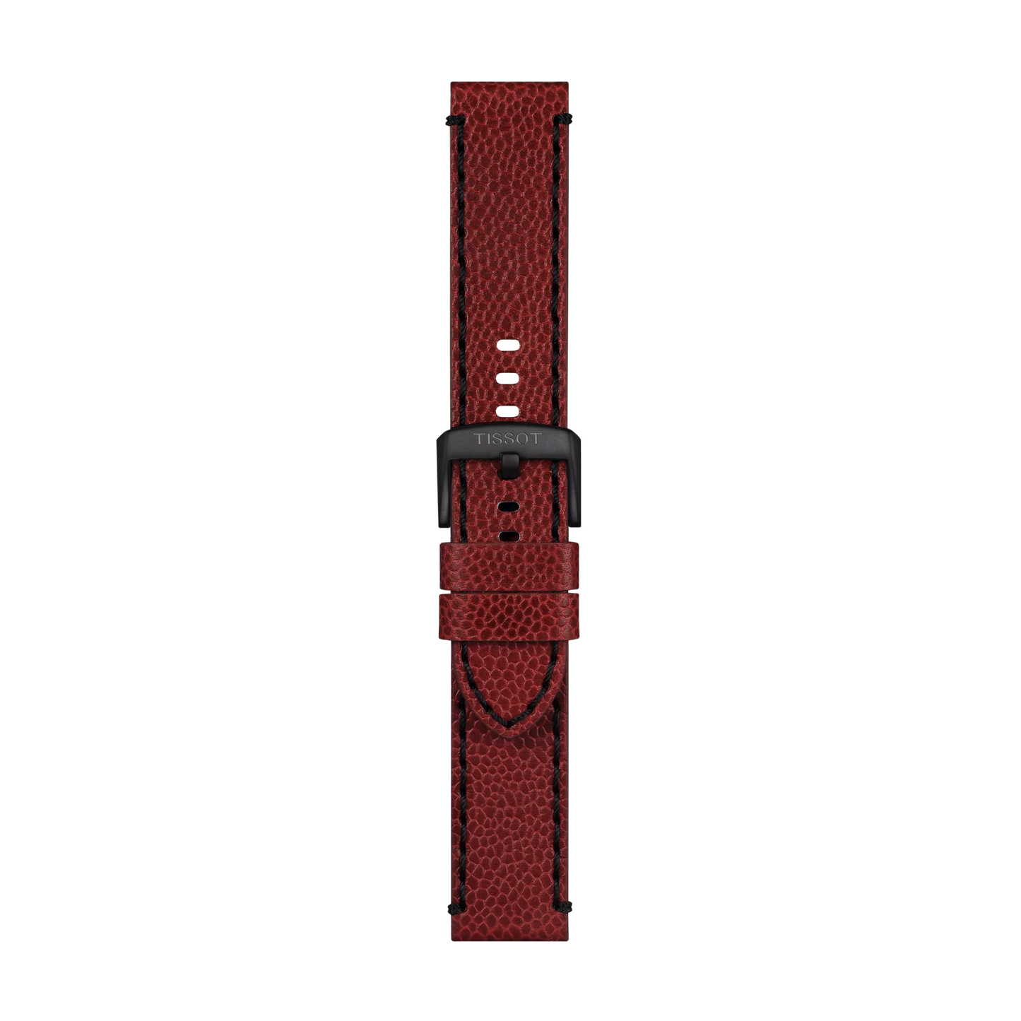 The Tissot Official Burgundy Leather Strap with 22mm lugs is displayed on a white background. Featuring a textured burgundy leather finish, the strap includes two loops, multiple holes for size adjustment, and a black Tissot buckle.