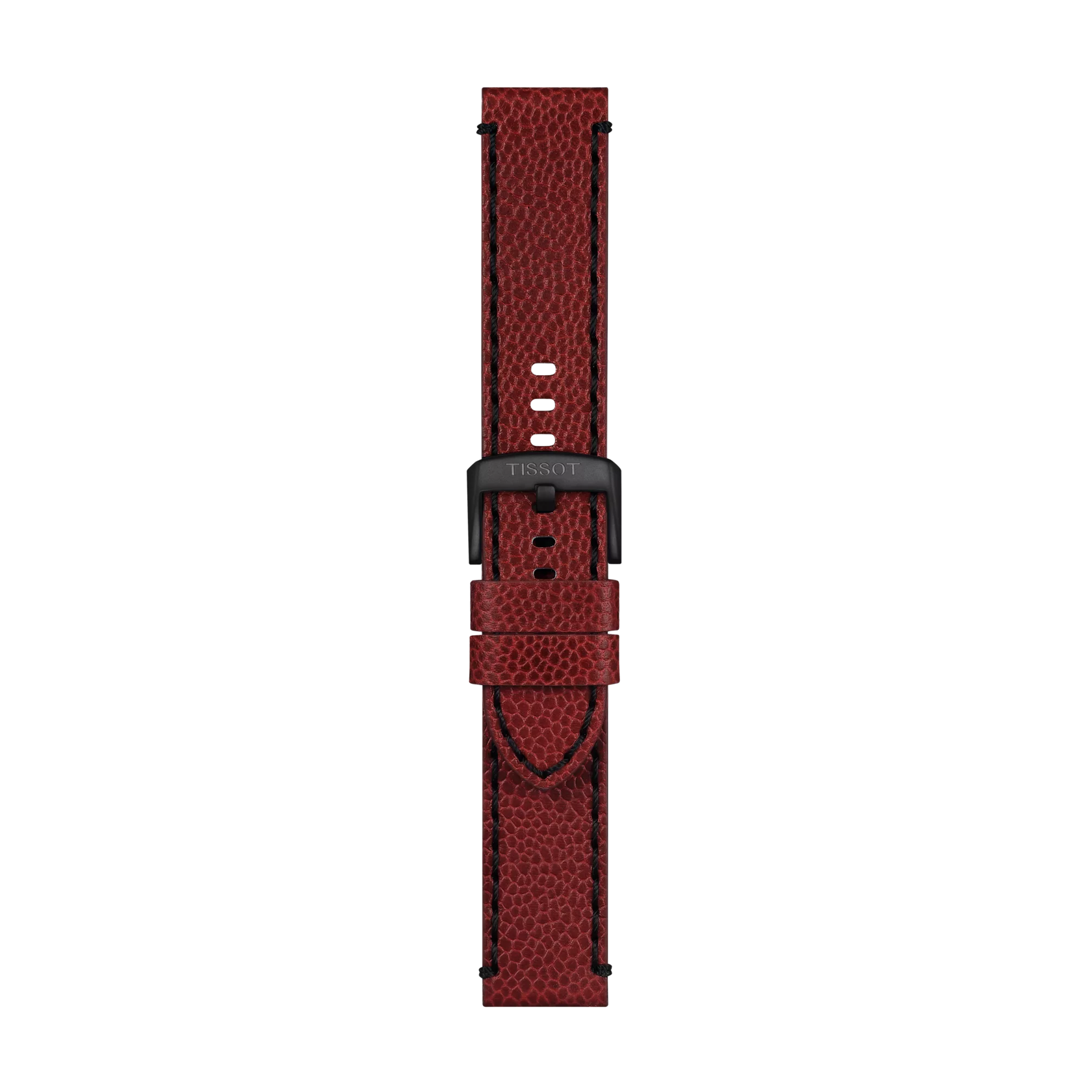 The Tissot Official Burgundy Leather Strap with 22mm lugs is displayed on a white background. Featuring a textured burgundy leather finish, the strap includes two loops, multiple holes for size adjustment, and a black Tissot buckle.