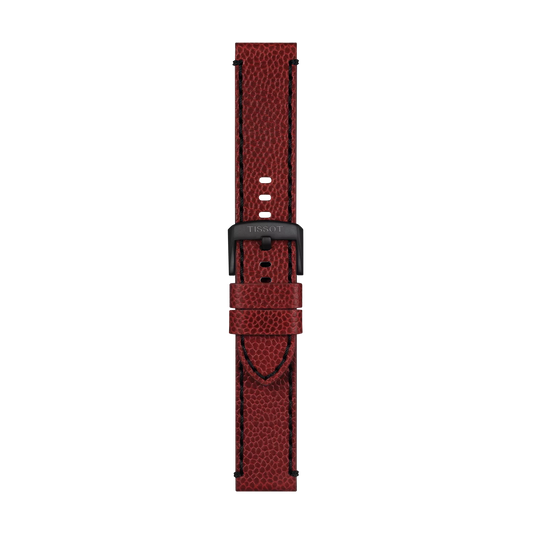 The Tissot Official Burgundy Leather Strap with 22mm lugs is displayed on a white background. Featuring a textured burgundy leather finish, the strap includes two loops, multiple holes for size adjustment, and a black Tissot buckle.