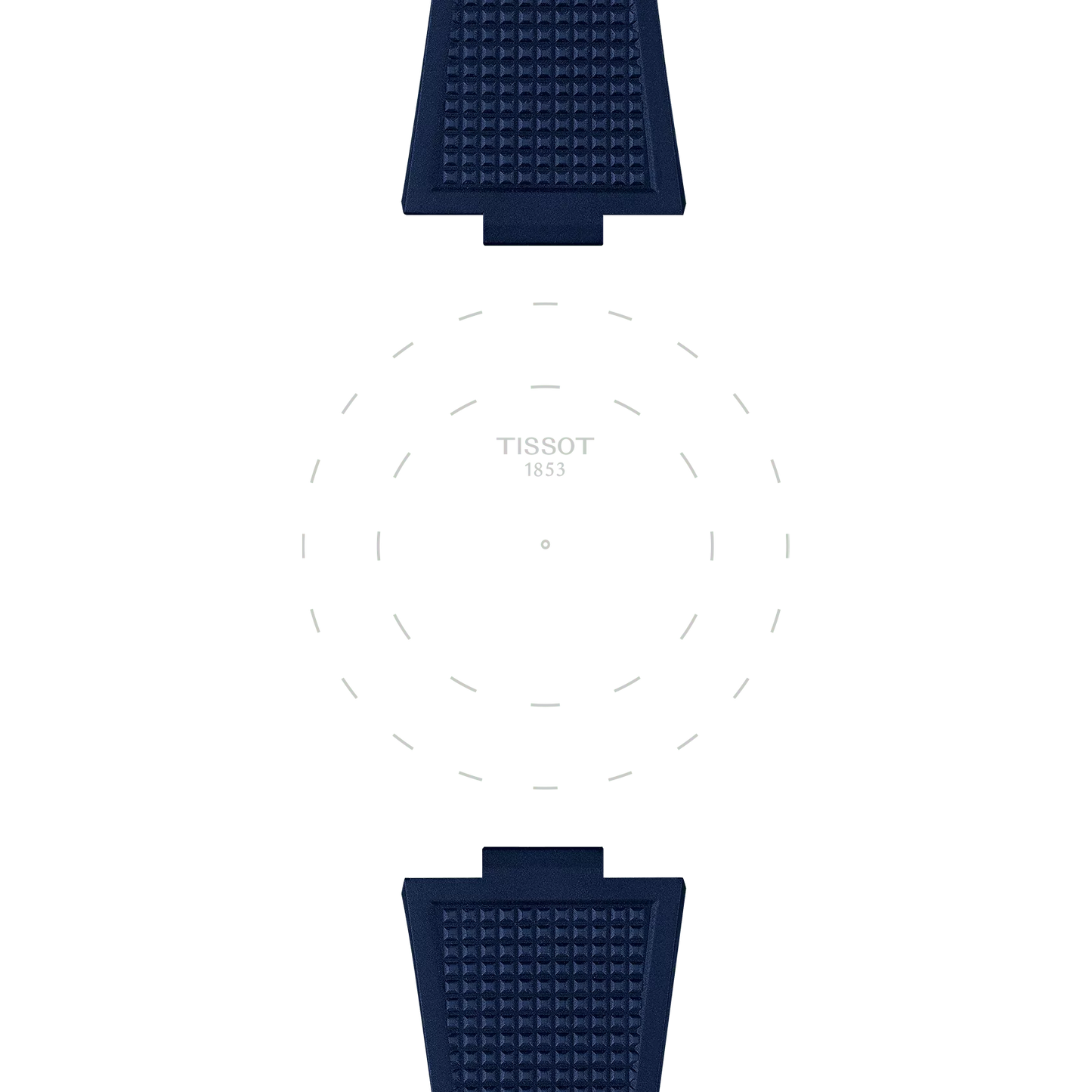 The top and bottom portions of the Tissot Official Blue PRX 40mm Rubber Strap frame a dotted circular outline featuring the "TISSOT 1853" text in the center, all set against a white background.