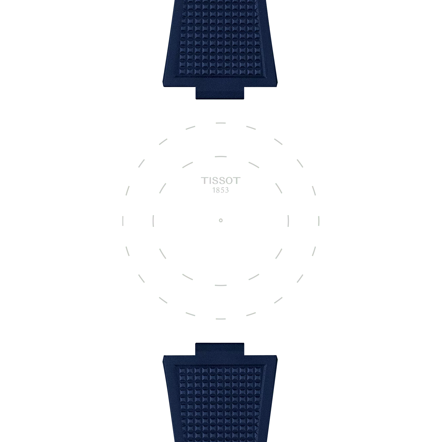 The top and bottom portions of the Tissot Official Blue PRX 40mm Rubber Strap frame a dotted circular outline featuring the "TISSOT 1853" text in the center, all set against a white background.