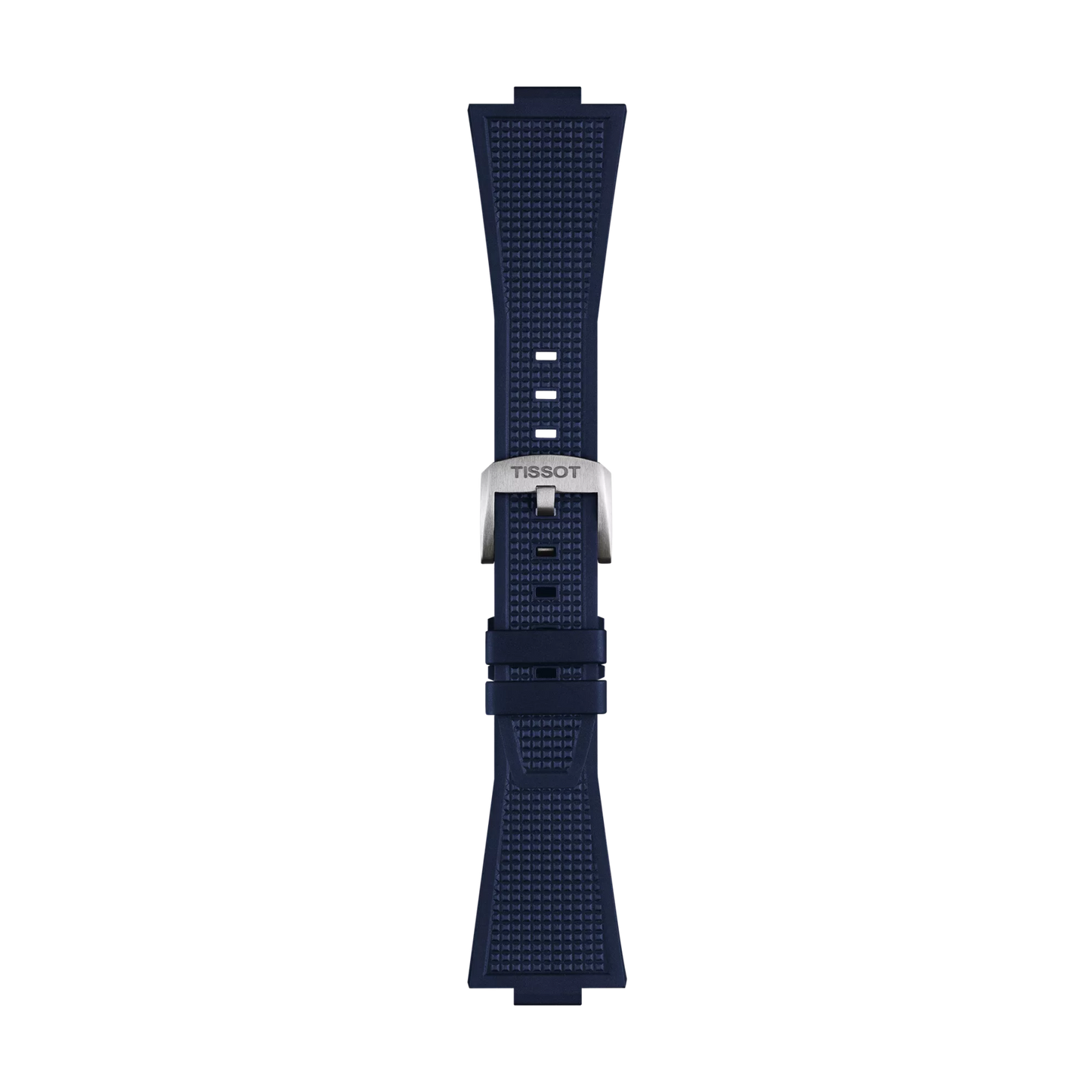 The Tissot Official Blue PRX 40mm Rubber Strap is showcased lying flat, vertically centered against a plain white background. This navy blue textured rubber strap features a silver buckle engraved with "TISSOT.