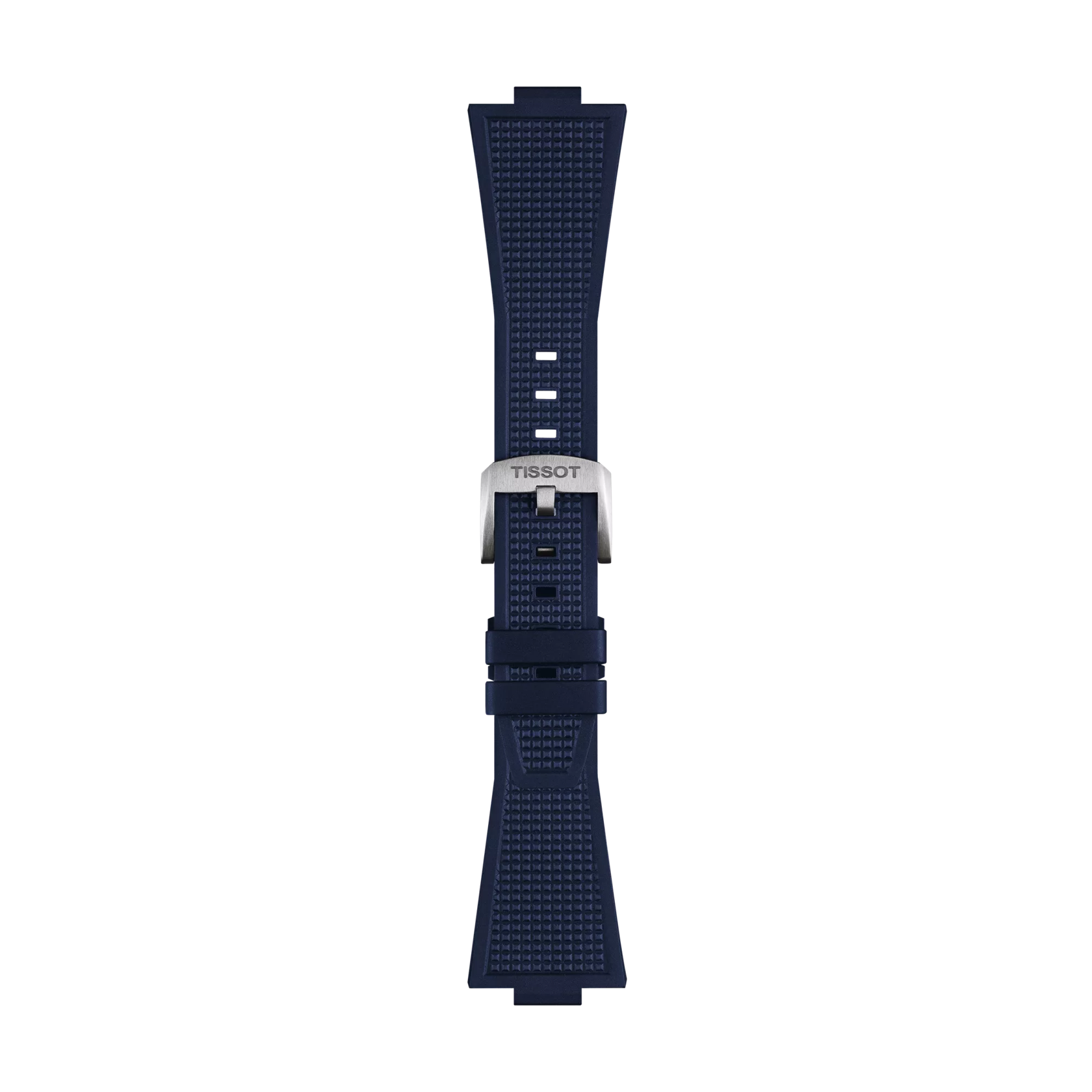 The Tissot Official Blue PRX 40mm Rubber Strap is showcased lying flat, vertically centered against a plain white background. This navy blue textured rubber strap features a silver buckle engraved with "TISSOT.