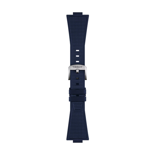 The Tissot Official Blue PRX 40mm Rubber Strap is showcased lying flat, vertically centered against a plain white background. This navy blue textured rubber strap features a silver buckle engraved with "TISSOT.