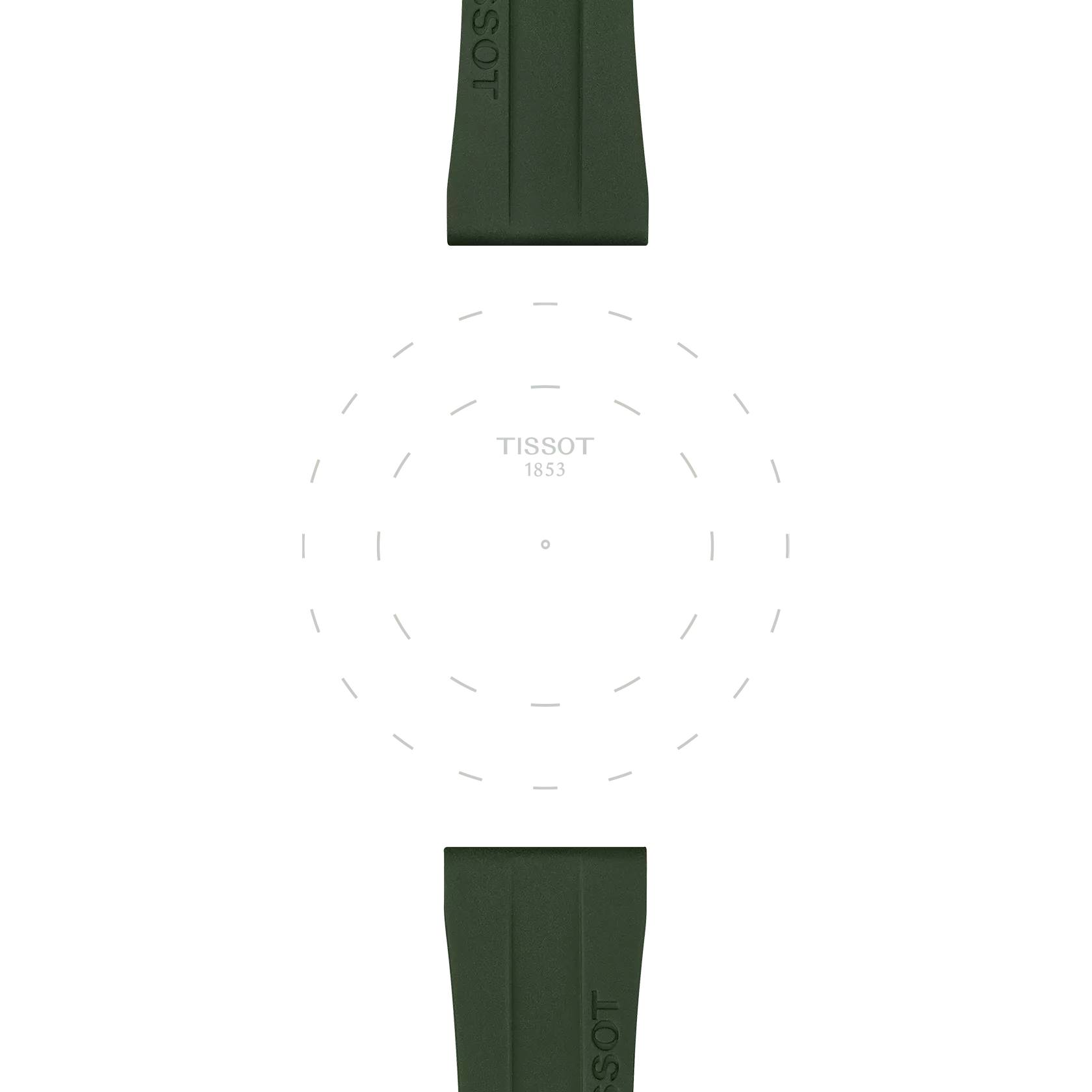Tissot Official Khaki Rubber Strap lugs, 20mm, displayed above and below a subtly outlined circular Tissot 1853 watch face on a white background.