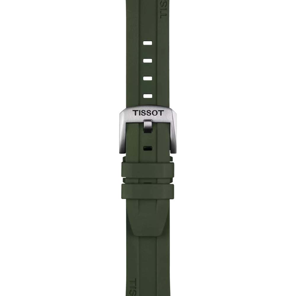The Tissot Official Khaki Rubber Strap Lugs 20mm by Tissot features a sleek, modern design in khaki green rubber with multiple holes for size adjustment and a silver buckle engraved with the "TISSOT" logo.
