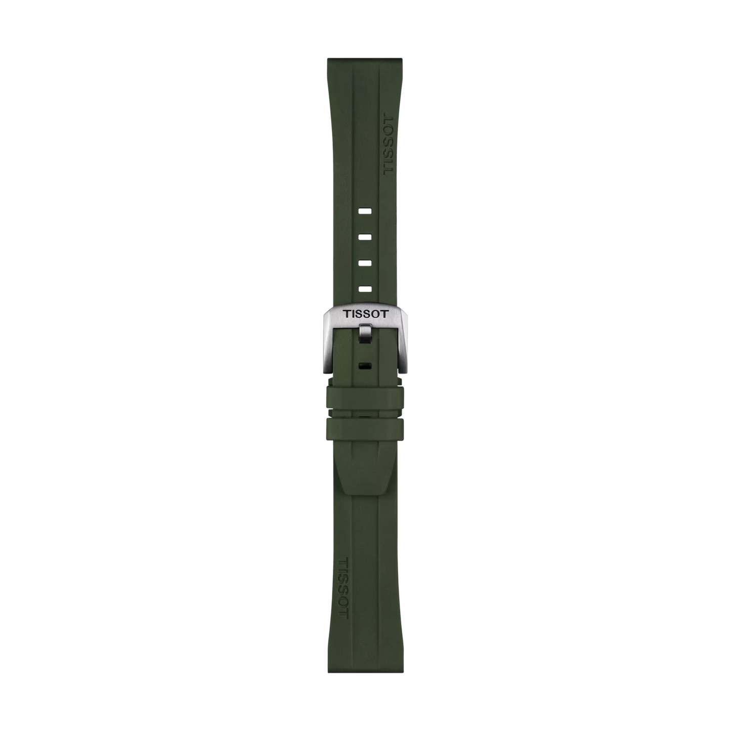 Khaki rubber Tissot Official watch strap with a silver buckle, displayed vertically on a white background. The 20mm strap features multiple adjustment holes and subtle Tissot branding.