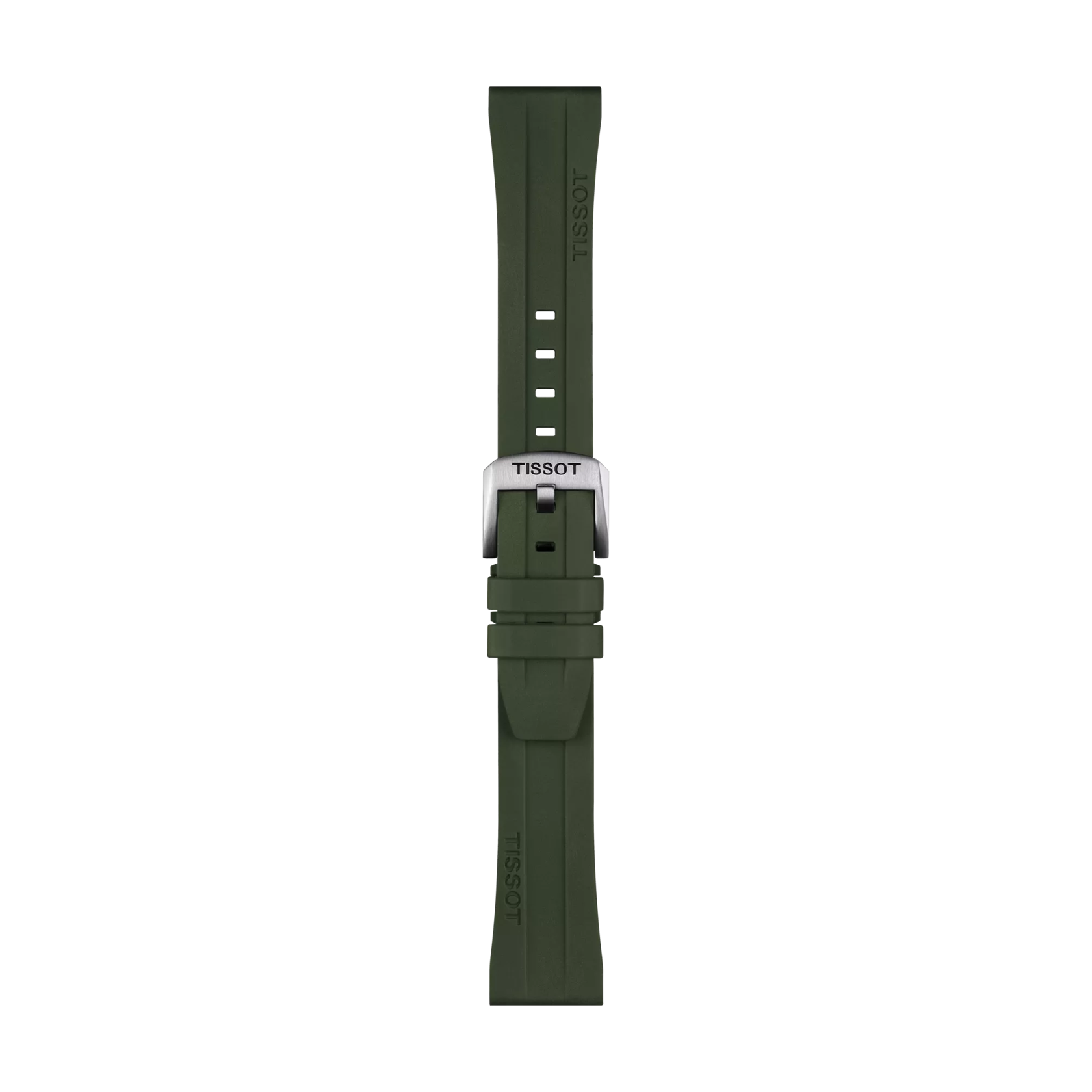 Khaki rubber Tissot Official watch strap with a silver buckle, displayed vertically on a white background. The 20mm strap features multiple adjustment holes and subtle Tissot branding.