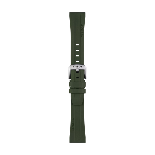 Khaki rubber Tissot Official watch strap with a silver buckle, displayed vertically on a white background. The 20mm strap features multiple adjustment holes and subtle Tissot branding.