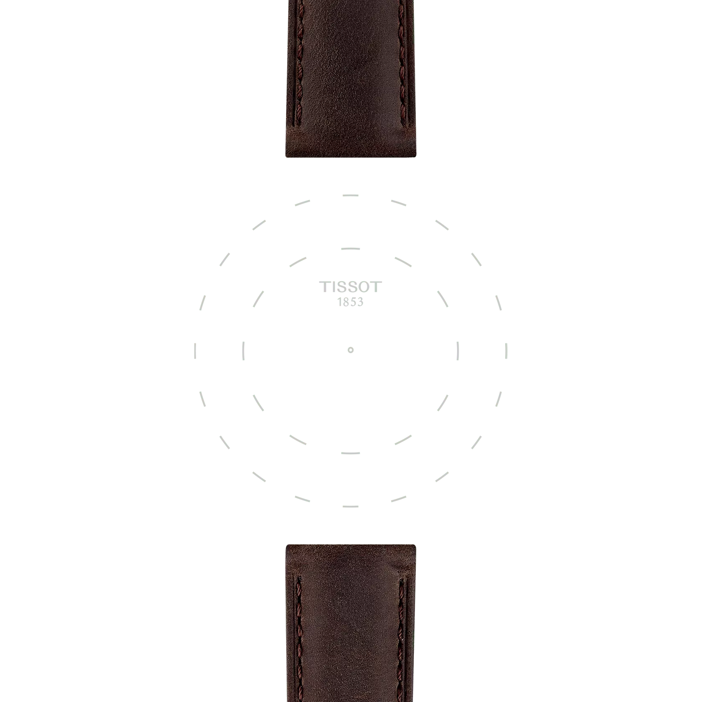Brown Tissot Official Leather Strap (20 mm lugs) visible at the top and bottom, with the center featuring faint circular dashed lines and "TISSOT 1853" text on a white background. The watch face itself is not shown.
