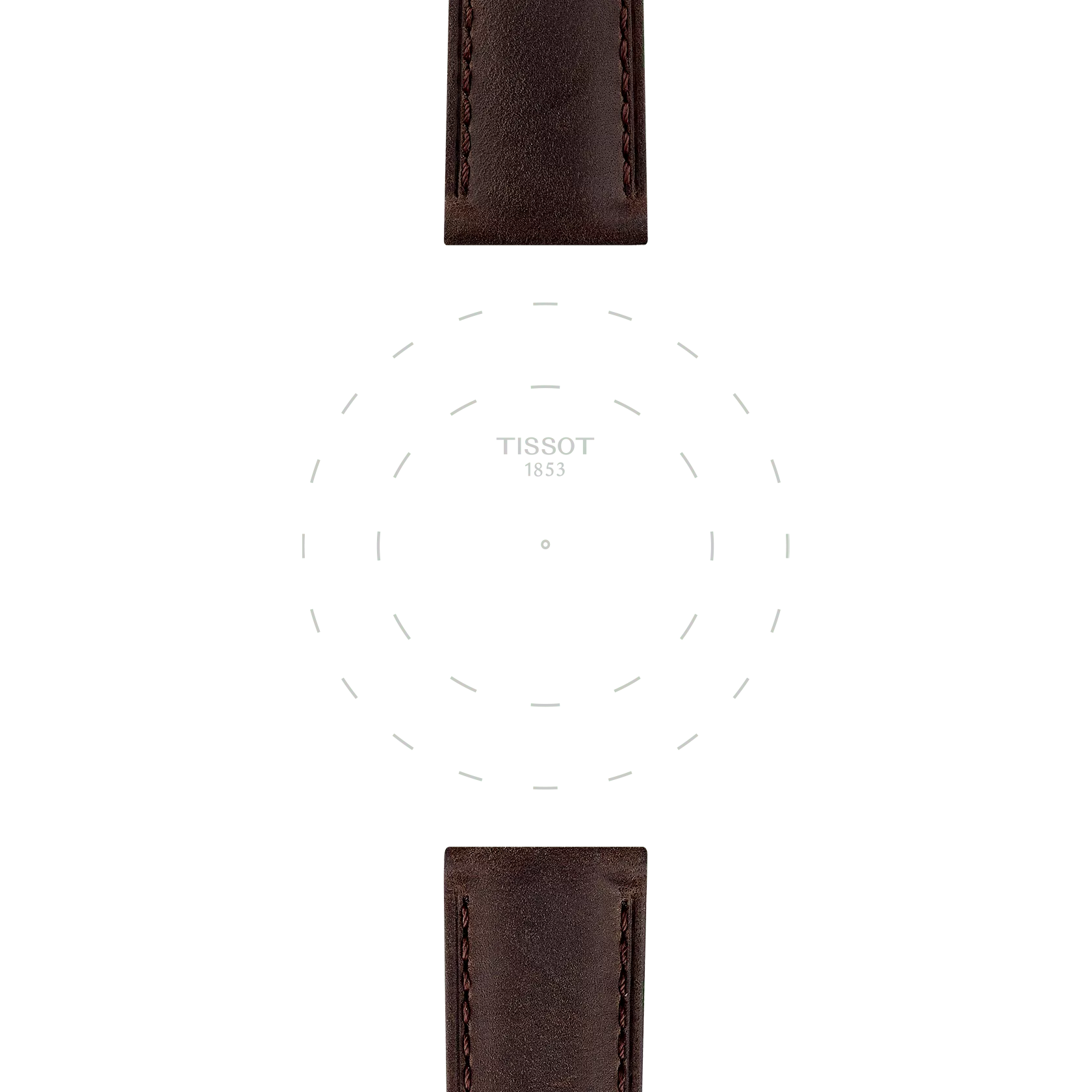 Brown Tissot Official Leather Strap (20 mm lugs) visible at the top and bottom, with the center featuring faint circular dashed lines and "TISSOT 1853" text on a white background. The watch face itself is not shown.