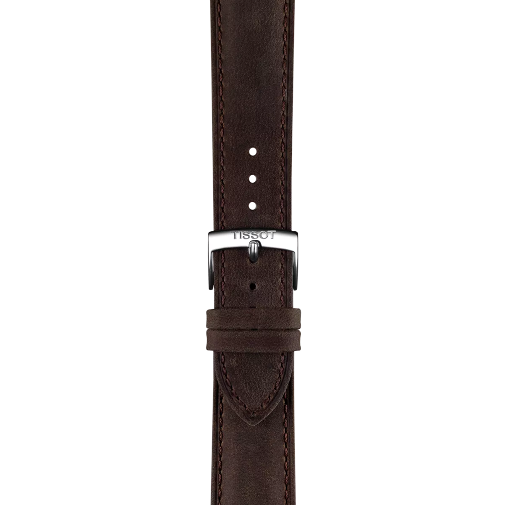 The Tissot Official Brown Leather Strap Lugs 20 mm features brown leather and a silver buckle engraved with "Tissot," displayed against a plain white background.