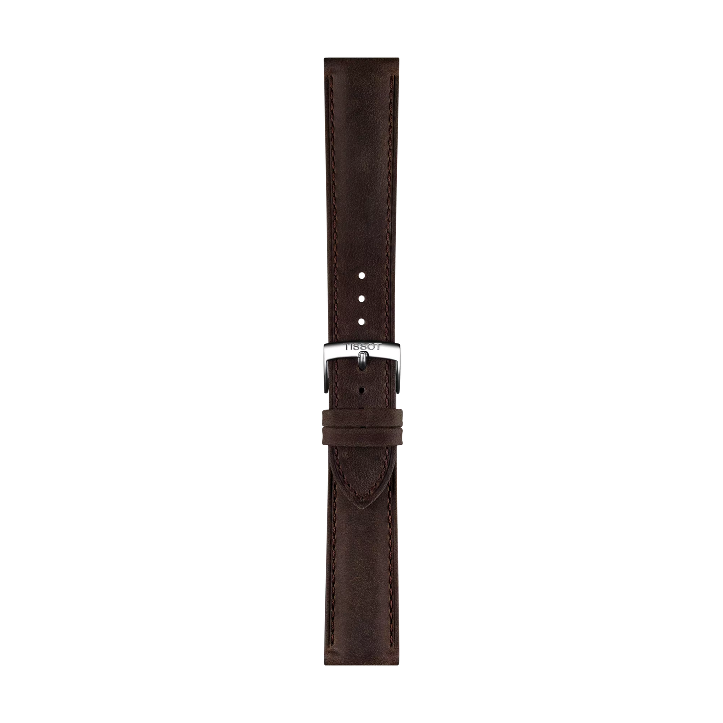 The Tissot Official Brown Leather Strap, featuring 20 mm lugs and a silver buckle, is displayed vertically against a plain white background, highlighting its visible stitching and premium craftsmanship.