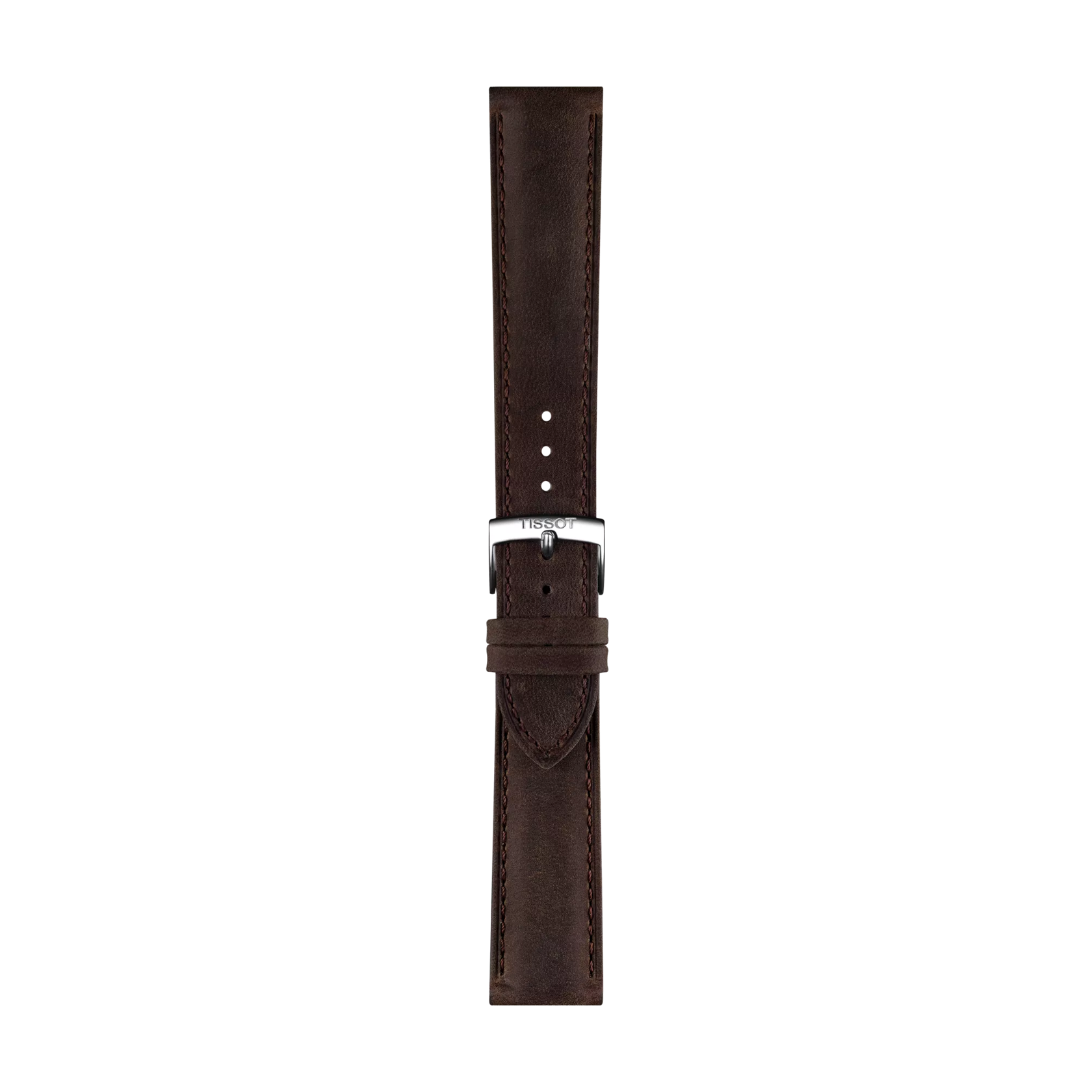 The Tissot Official Brown Leather Strap, featuring 20 mm lugs and a silver buckle, is displayed vertically against a plain white background, highlighting its visible stitching and premium craftsmanship.