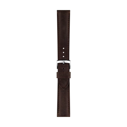 The Tissot Official Brown Leather Strap, featuring 20 mm lugs and a silver buckle, is displayed vertically against a plain white background, highlighting its visible stitching and premium craftsmanship.