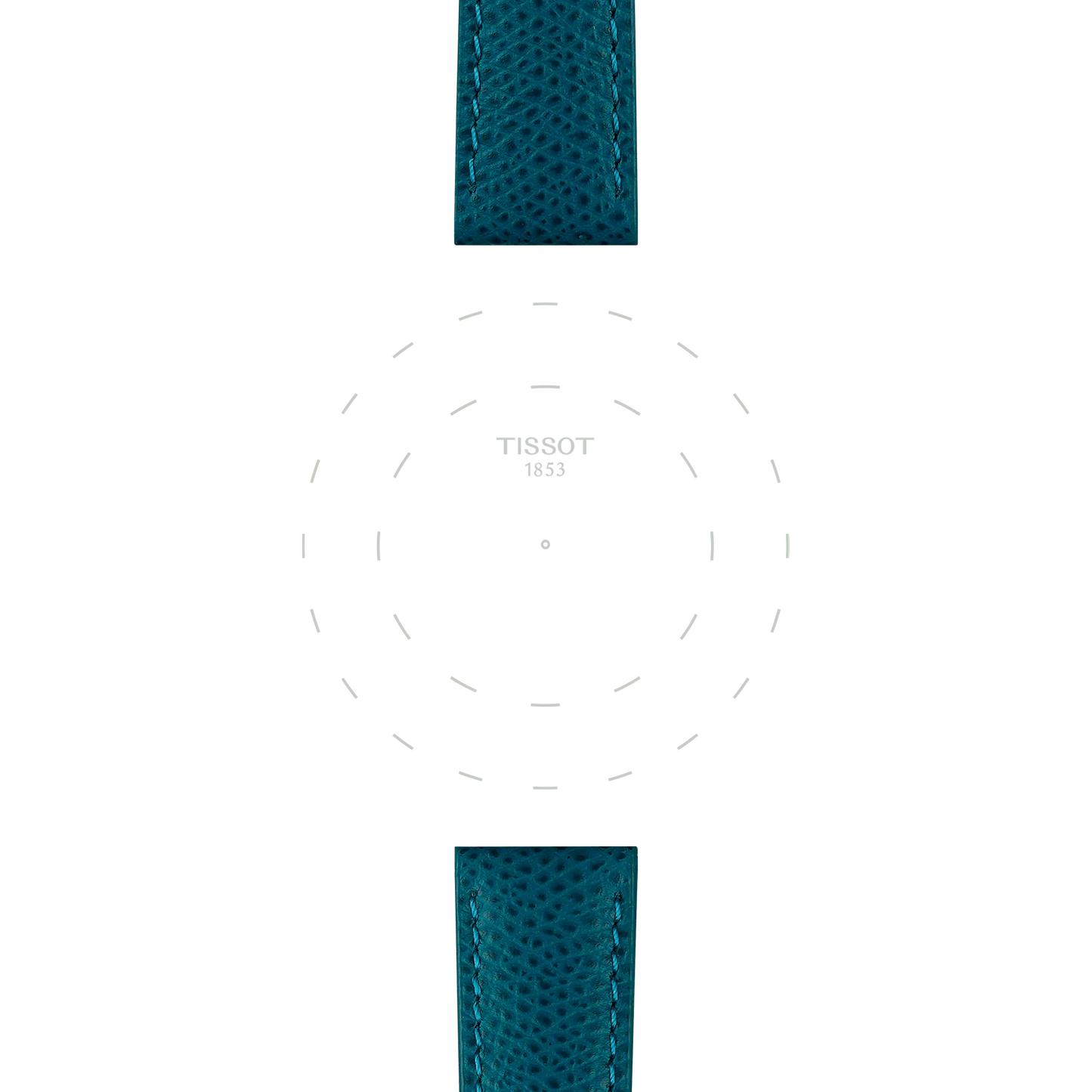 Featuring a minimalist watch face with "Tissot 1853" at the center, this design omits hands and numbers, while turquoise textured leather straps from the Tissot Official collection (Lugs 18 mm) are visible at the top and bottom against a white background.