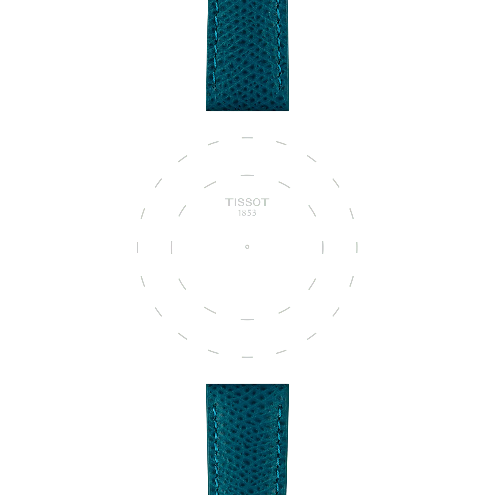 Featuring a minimalist watch face with "Tissot 1853" at the center, this design omits hands and numbers, while turquoise textured leather straps from the Tissot Official collection (Lugs 18 mm) are visible at the top and bottom against a white background.