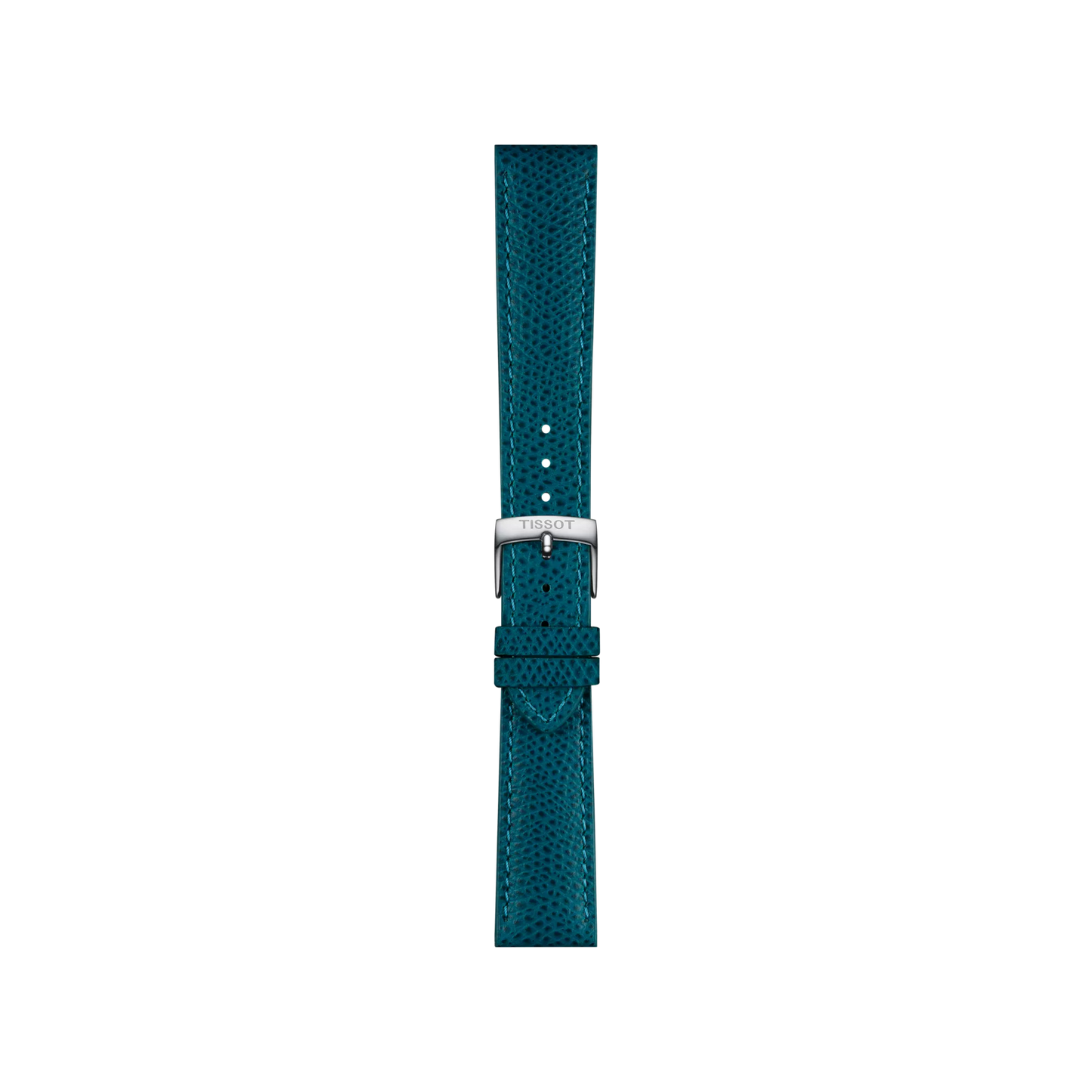 The Tissot Official Turquoise Leather Strap with 18 mm lugs features a textured finish and a silver buckle engraved with the Tissot brand name, displayed on a white background.