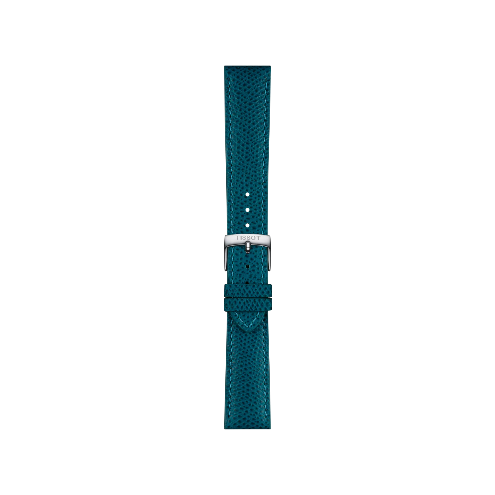 The Tissot Official Turquoise Leather Strap with 18 mm lugs features a textured finish and a silver buckle engraved with the Tissot brand name, displayed on a white background.