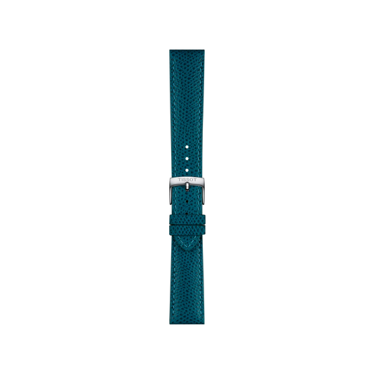 The Tissot Official Turquoise Leather Strap with 18 mm lugs features a textured finish and a silver buckle engraved with the Tissot brand name, displayed on a white background.