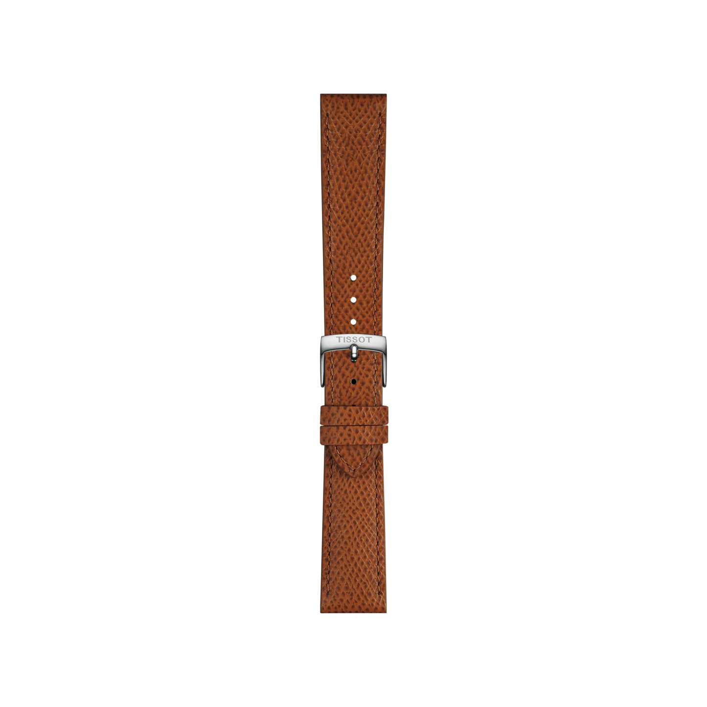 The Tissot Official Brown Leather Strap Lugs 18 mm features textured brown leather and a silver buckle, embossed with the Tissot brand name, and is shown against a plain white background.