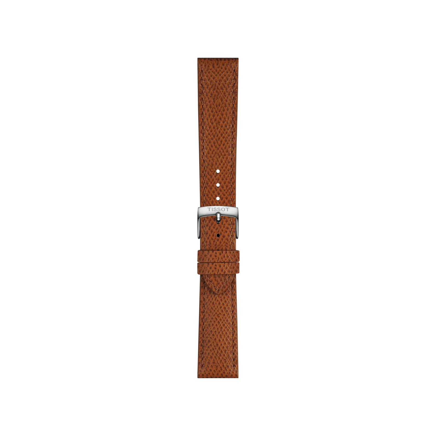 The Tissot Official Brown Leather Strap Lugs 18 mm features textured brown leather and a silver buckle, embossed with the Tissot brand name, and is shown against a plain white background.