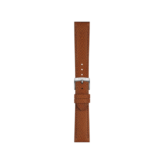 The Tissot Official Brown Leather Strap Lugs 18 mm features textured brown leather and a silver buckle, embossed with the Tissot brand name, and is shown against a plain white background.