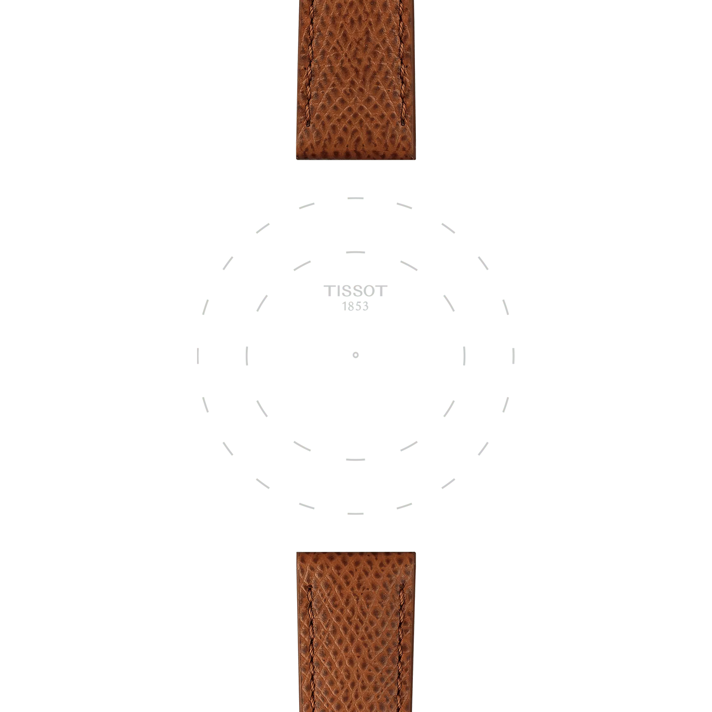 A Tissot watch featuring the official brown leather strap with 18 mm lugs, paired with a minimalistic dial that displays only "Tissot 1853" at the center, adorned with simple dotted hour markers and no hands or numbers.