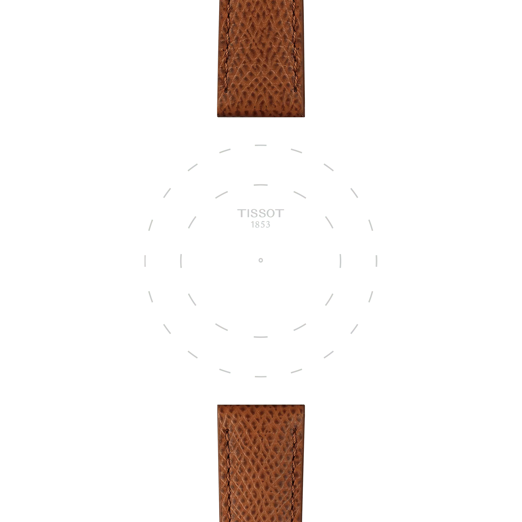 A Tissot watch featuring the official brown leather strap with 18 mm lugs, paired with a minimalistic dial that displays only "Tissot 1853" at the center, adorned with simple dotted hour markers and no hands or numbers.