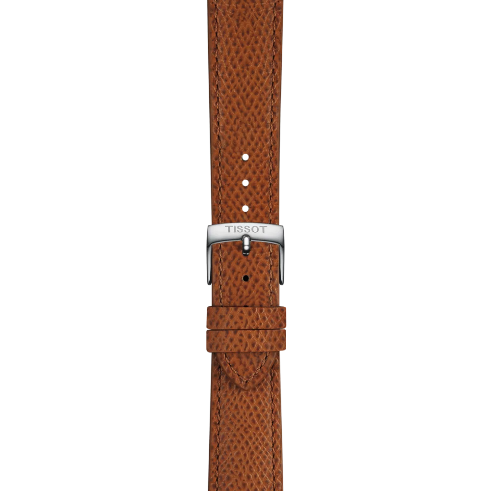 Tissot Official Brown Leather Strap with 18 mm lugs, featuring a textured finish and a silver buckle engraved with "TISSOT," displayed vertically against a white background.