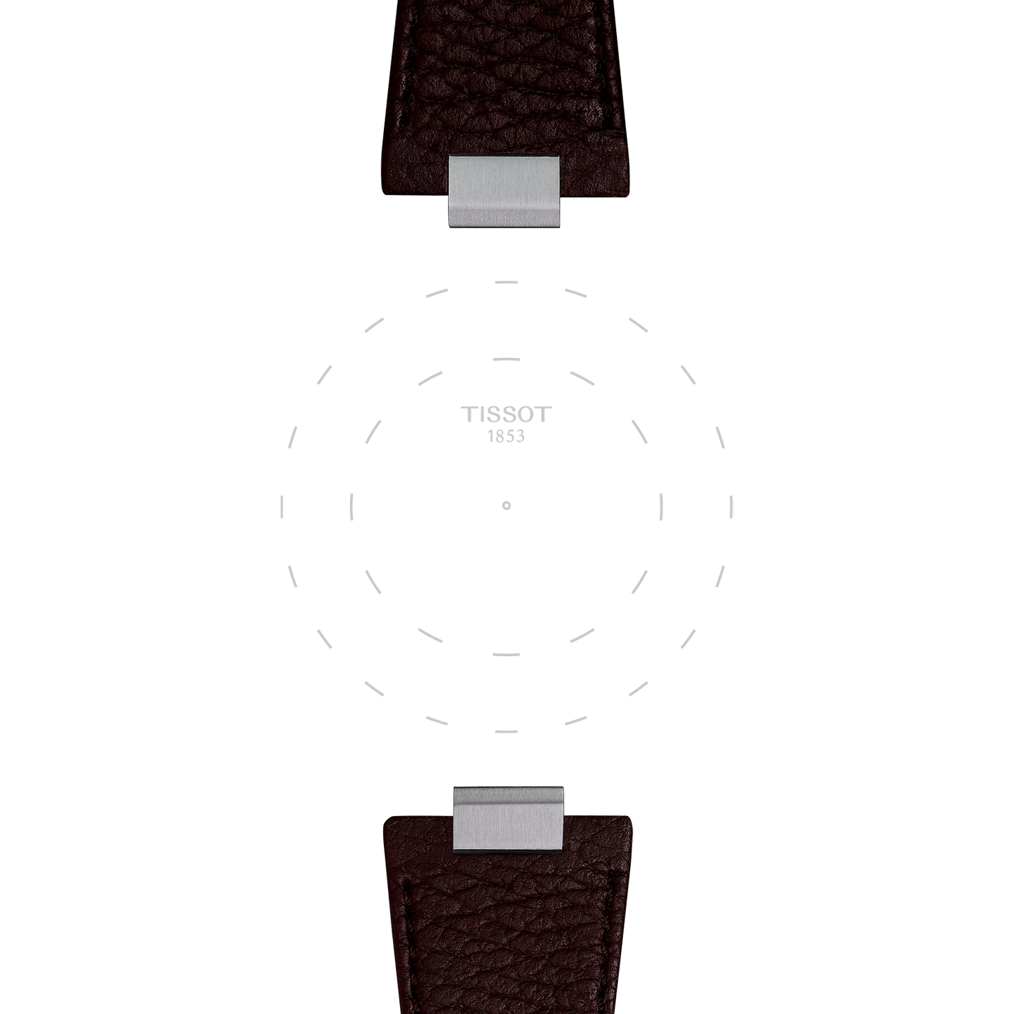 Two Tissot Official Brown PRX 40mm Leather Straps with silver buckles are arranged above and below a faint, dashed circle. The "TISSOT 1853" brand name is centered where the watch face would be, against a light gray background.