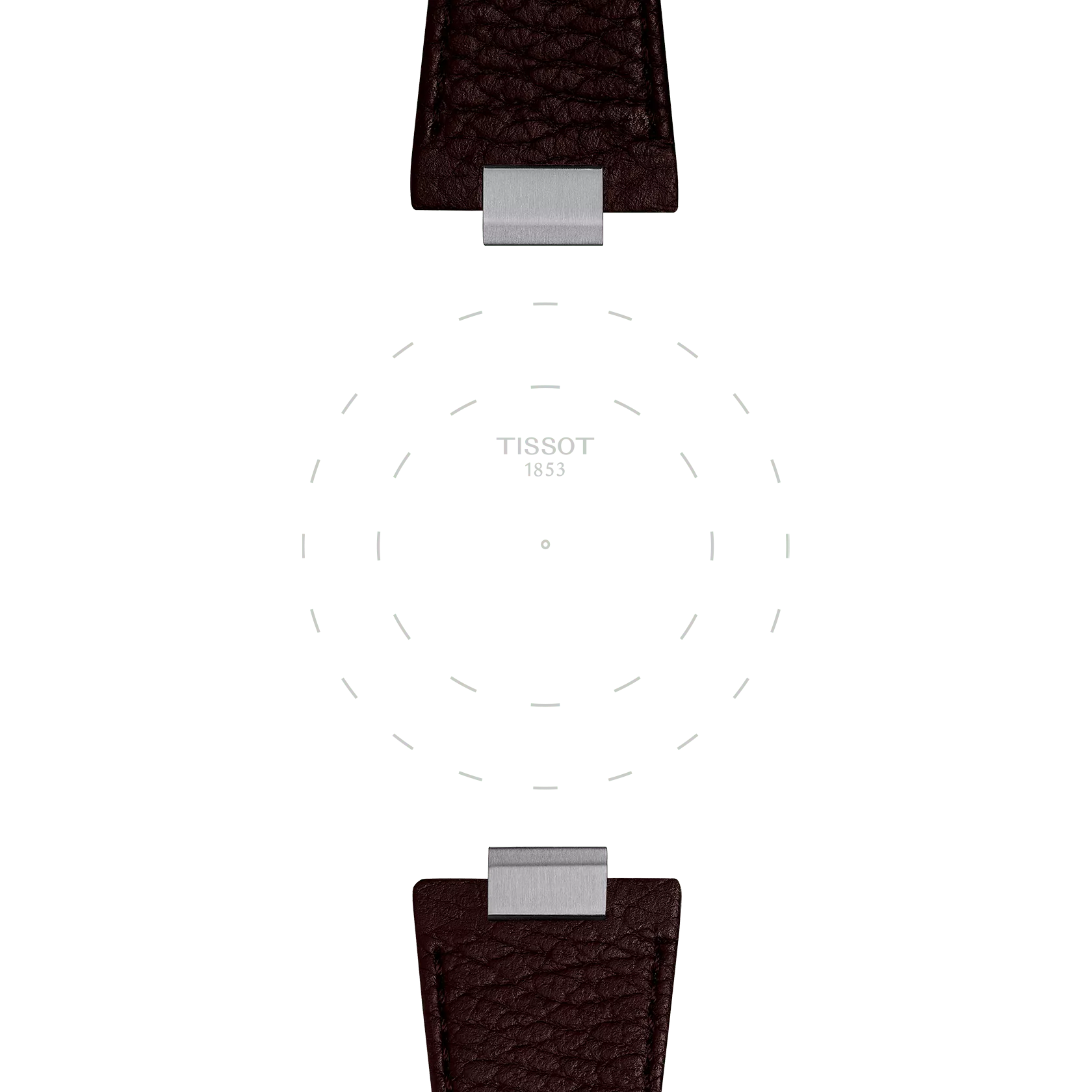 Two Tissot Official Brown PRX 40mm Leather Straps with silver buckles are arranged above and below a faint, dashed circle. The "TISSOT 1853" brand name is centered where the watch face would be, against a light gray background.
