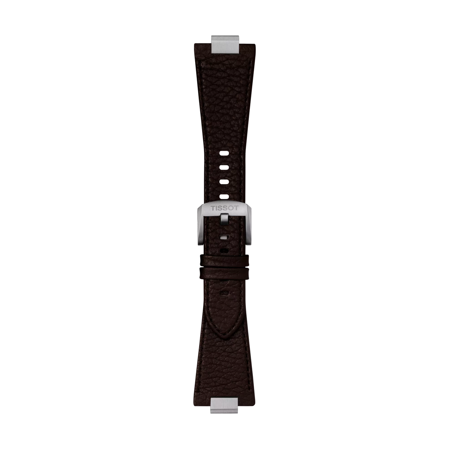 The Tissot Official Brown PRX 40mm Leather Strap, a dark brown textured leather watch strap, features silver end pieces and a silver buckle engraved with "TISSOT," and is displayed vertically on a plain white background.