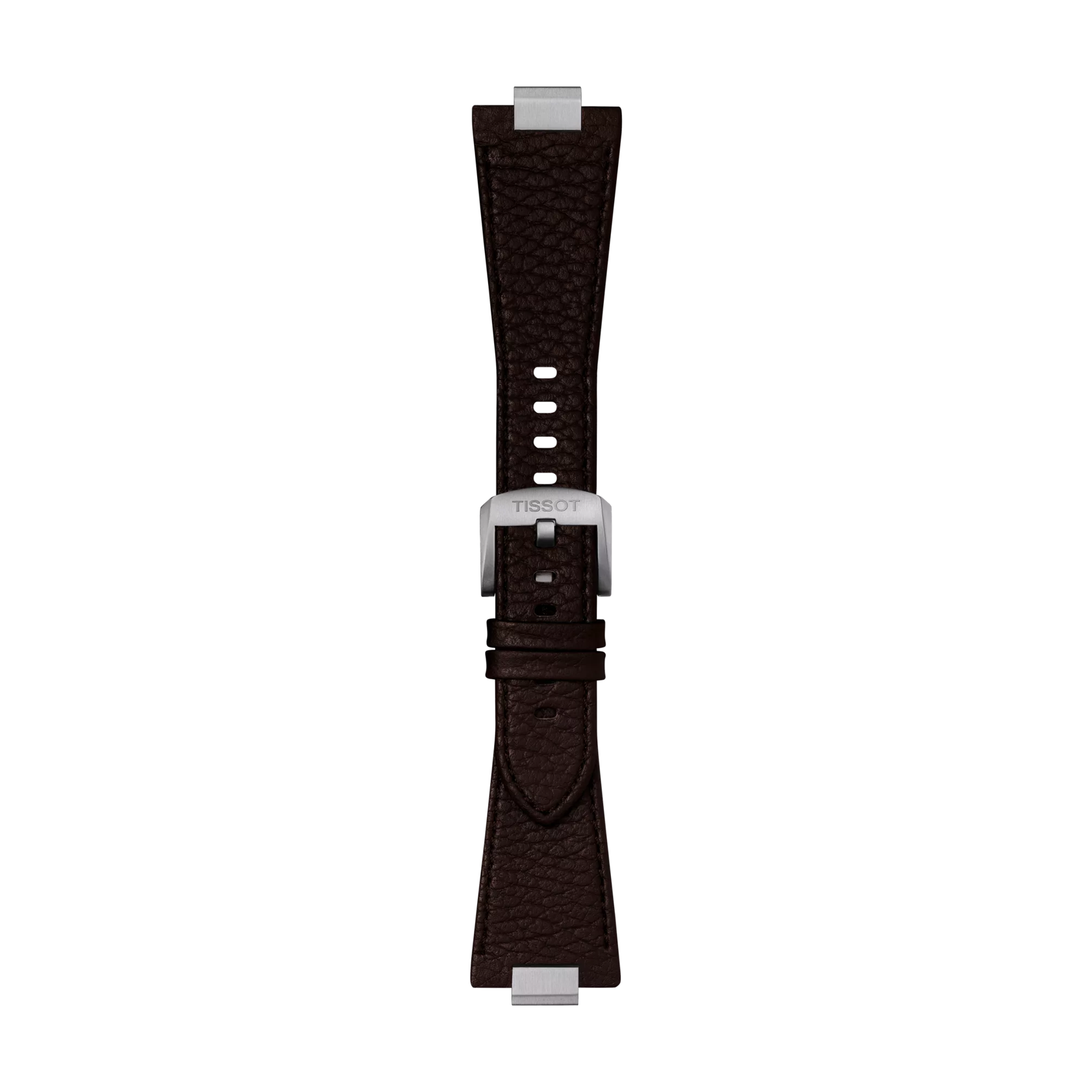 The Tissot Official Brown PRX 40mm Leather Strap, a dark brown textured leather watch strap, features silver end pieces and a silver buckle engraved with "TISSOT," and is displayed vertically on a plain white background.