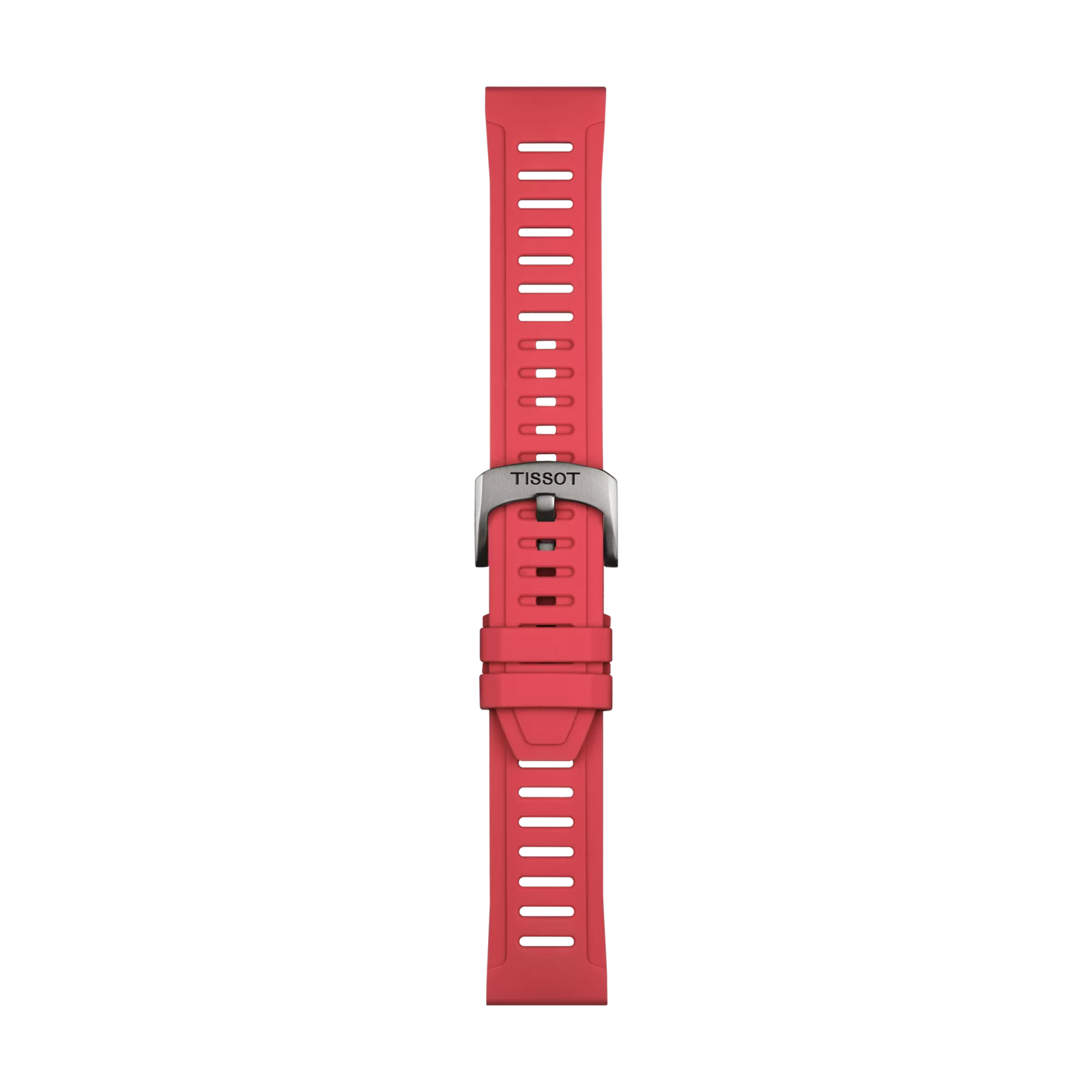 The Tissot Official Red Silicone Strap Lugs 21 mm features rectangular holes, a metal clasp engraved with "Tissot," and a single strap loop, all displayed vertically against a plain white background.