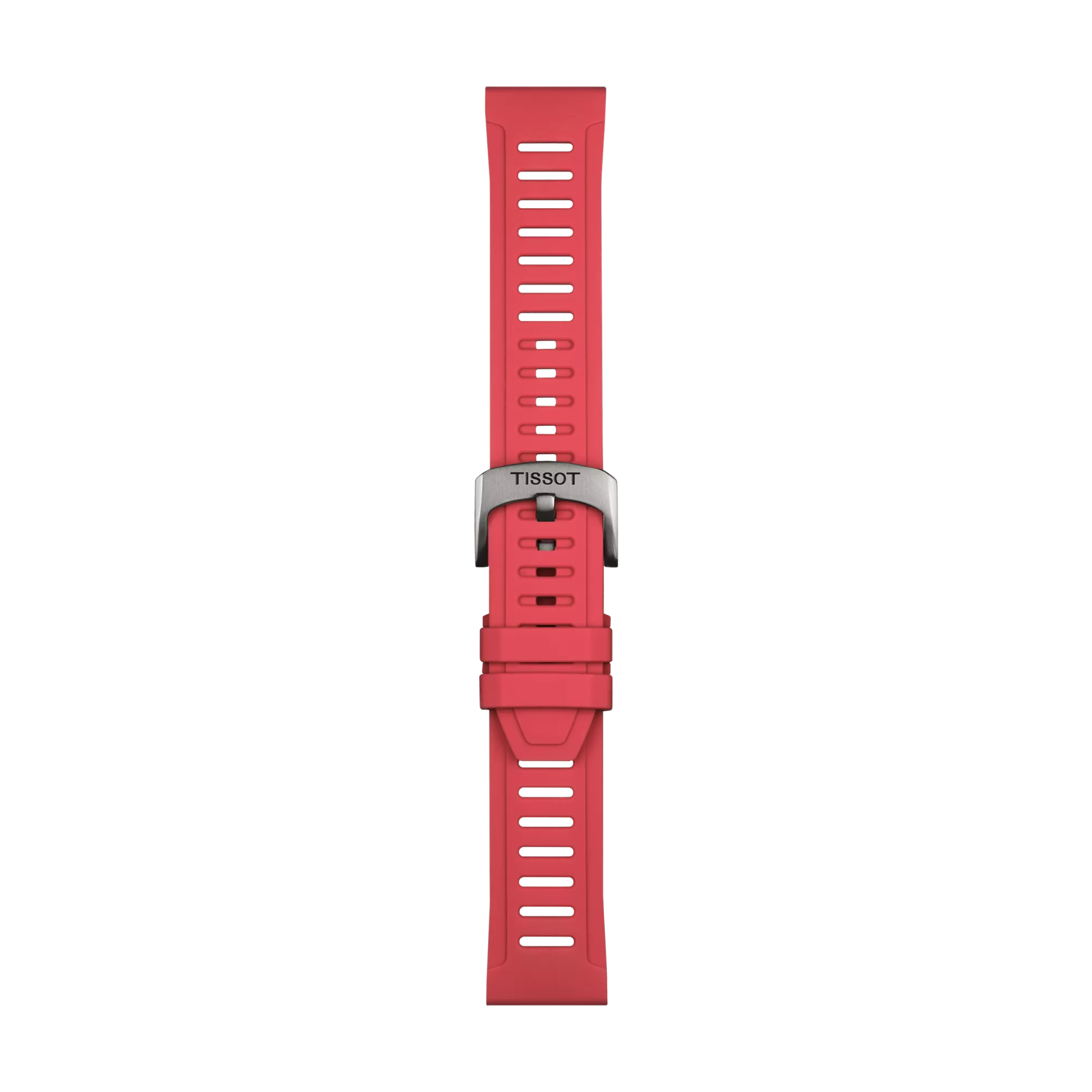 The Tissot Official Red Silicone Strap Lugs 21 mm features rectangular holes, a metal clasp engraved with "Tissot," and a single strap loop, all displayed vertically against a plain white background.