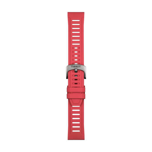 The Tissot Official Red Silicone Strap Lugs 21 mm features rectangular holes, a metal clasp engraved with "Tissot," and a single strap loop, all displayed vertically against a plain white background.