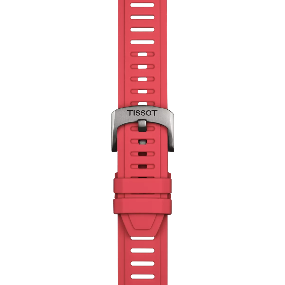 A Tissot Official Red Silicone Strap with 21 mm lugs, featuring multiple adjustment holes and a silver buckle engraved with "TISSOT," displayed against a white background.