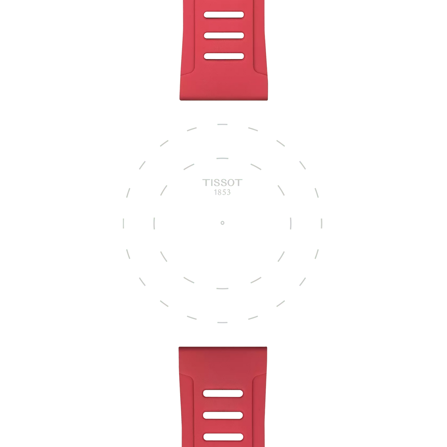 Red Tissot Official Red Silicone Straps with 21 mm lugs are displayed at the top and bottom. In the center, faint dashed circles encircle the words "TISSOT 1853" on a white background, suggesting the missing face of a Tissot watch.