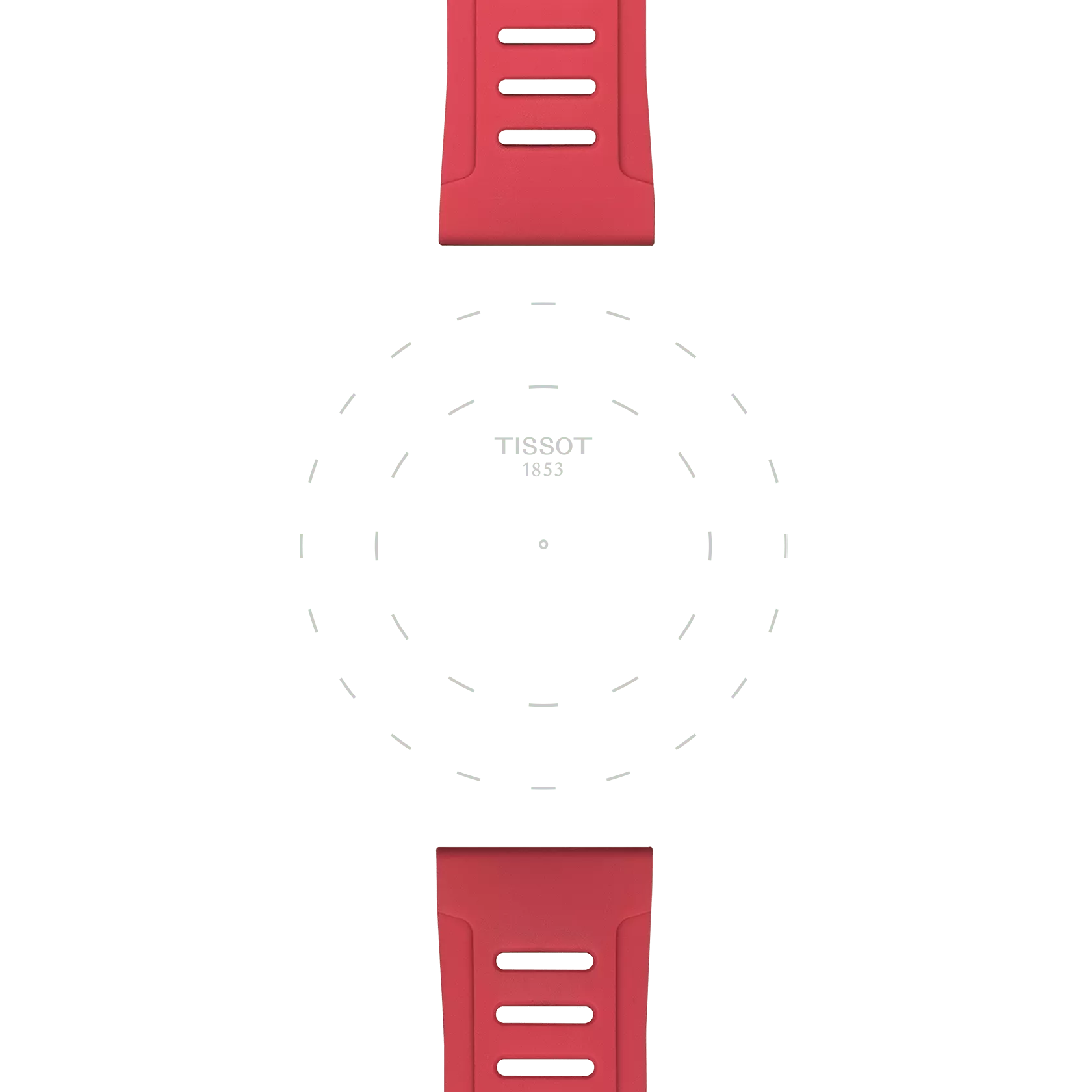 Red Tissot Official Red Silicone Straps with 21 mm lugs are displayed at the top and bottom. In the center, faint dashed circles encircle the words "TISSOT 1853" on a white background, suggesting the missing face of a Tissot watch.