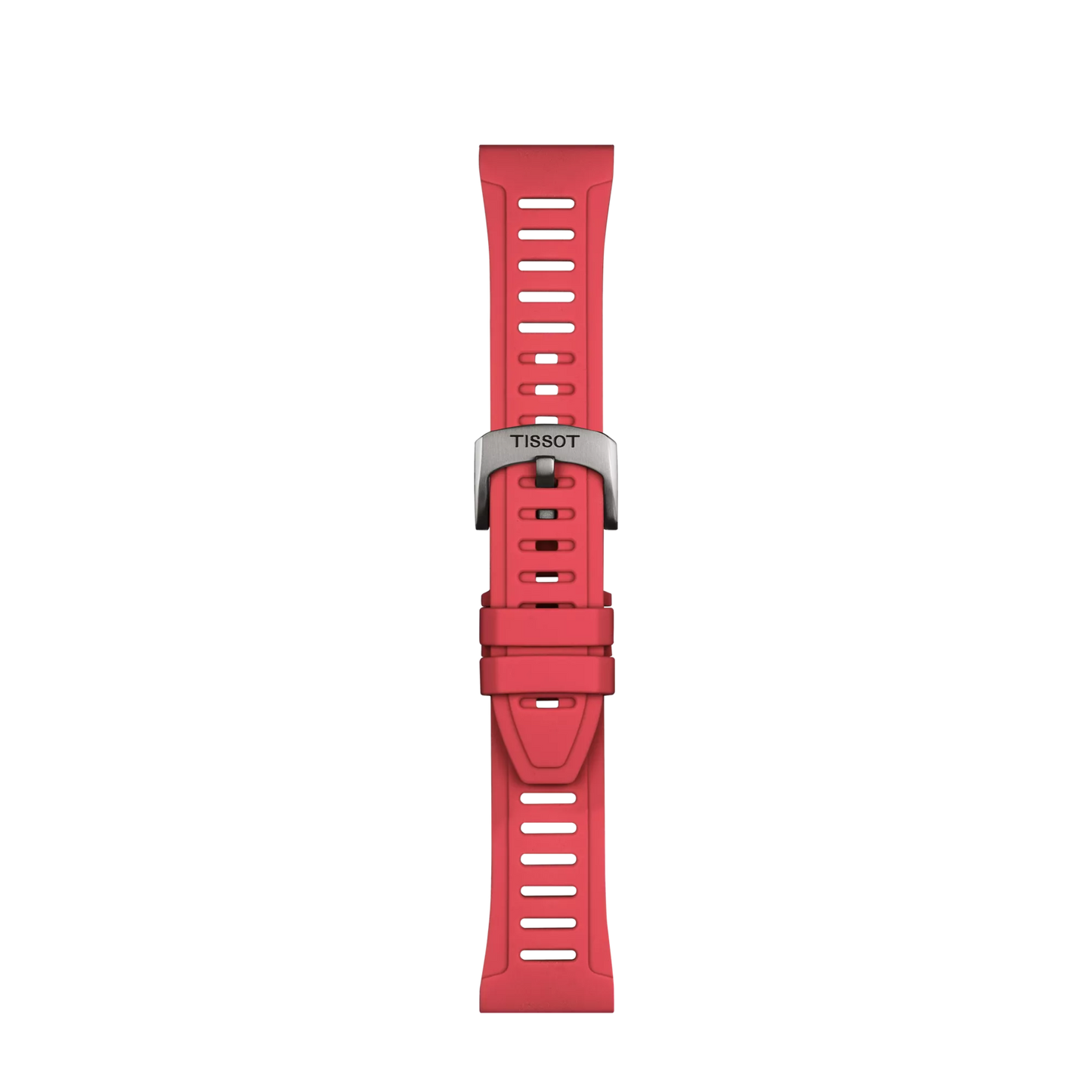 The Tissot Official Red Silicone Strap Lugs 21 mm XS features multiple adjustment holes and a silver buckle engraved with "TISSOT," displayed vertically on a white background.